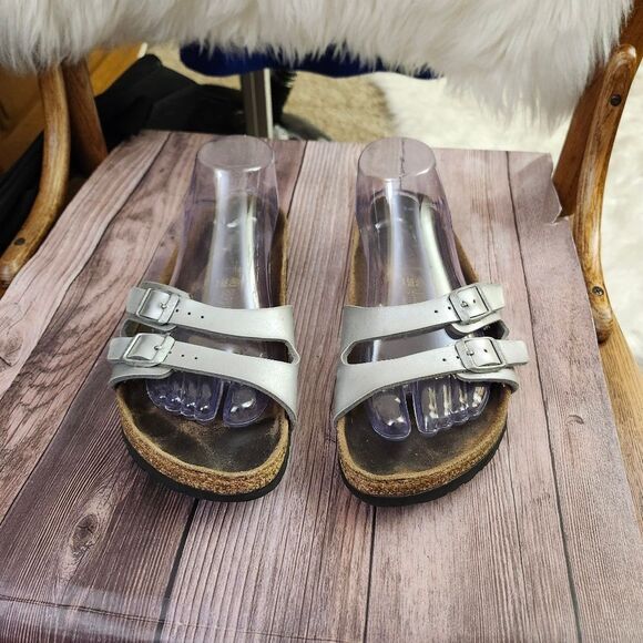 Birkenstock Silver Slide Sandals with‎ Cork Footbed Sz L9 M7 - Picture 2 of 13